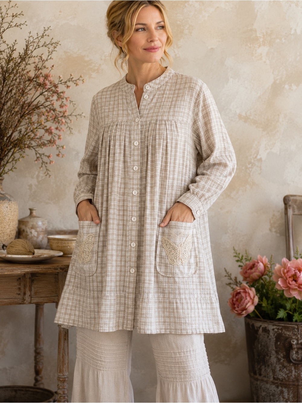 April Cornell Linen Embroidered Artist Smock Tunic Top Medium Boho Cottagecore